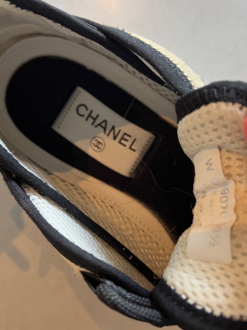 CHANEL Black and White Quilted-Trim Leather & Mesh Sneakers - Picture 9 of 9